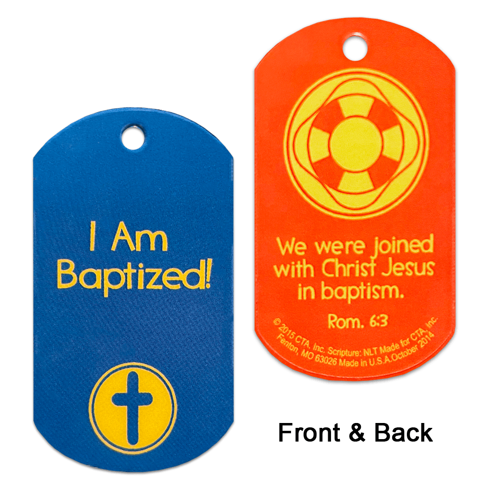 Set of 6 laminated dog tags, 1" x 2", each with a 1/8" hole for attaching a chain.
615122-13831-1