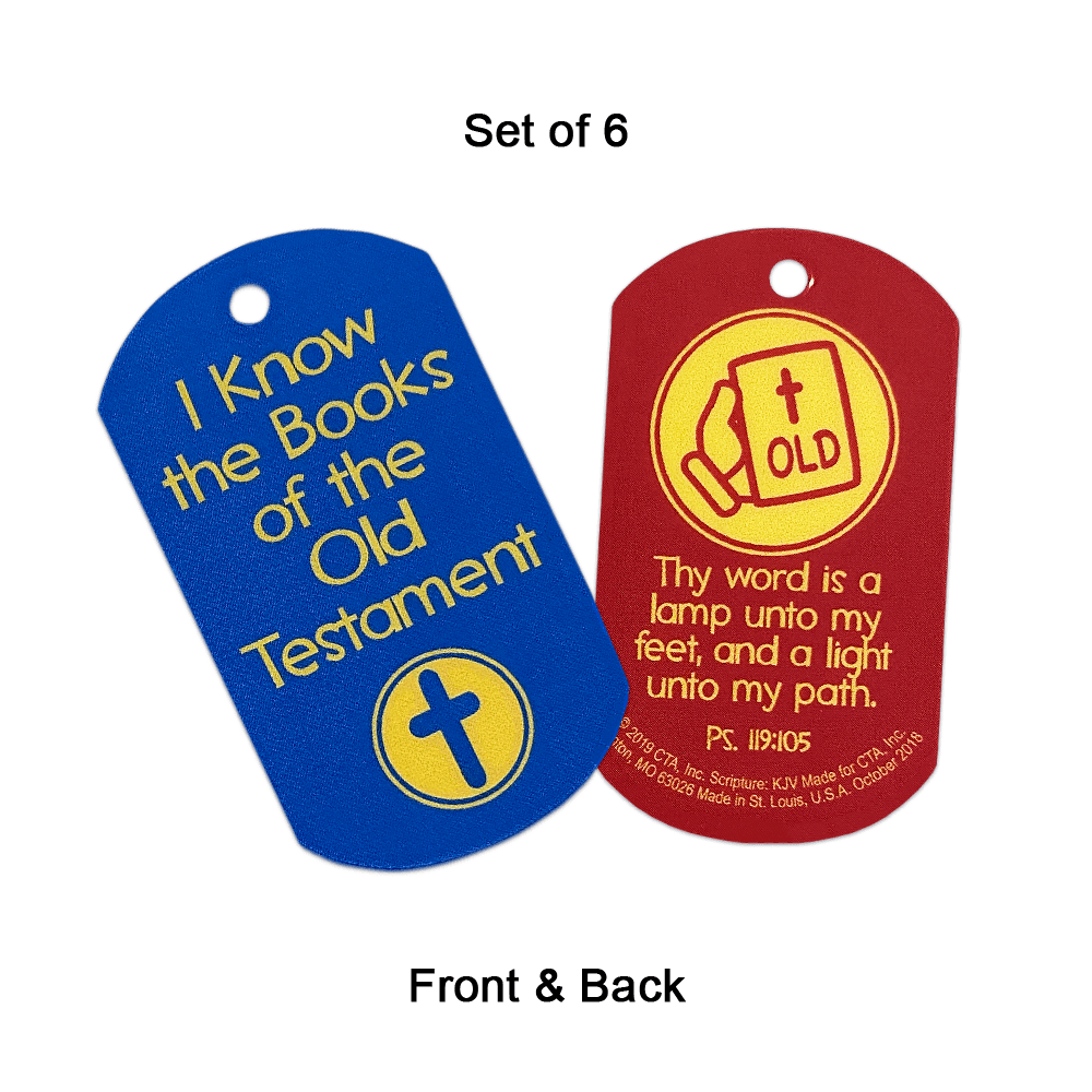 Set of 6 laminated dog tags (1" x 2") with KJV scripture, each featuring a 1/8" hole for a chain.
615122-15860-9