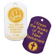 Set of 6 laminated dog tags (1" x 2") with KJV scripture, each featuring a 1/8" hole for a chain.
615122-15861-6