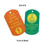 Set of 6 laminated dog tags (1" x 2") with KJV scripture, each featuring a 1/8" hole for a chain.
615122-15862-3