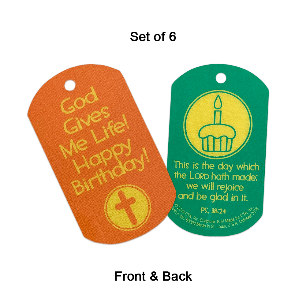 Set of 6 laminated dog tags (1" x 2") with KJV scripture, each featuring a 1/8" hole for a chain.
615122-15862-3