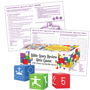 Bible Story Quiz Game with 3 foam cubes featuring questions, silly poses, and a “make your own” option—includes game suggestions and take-home ideas for active, fun Bible review.
615122-16467-9