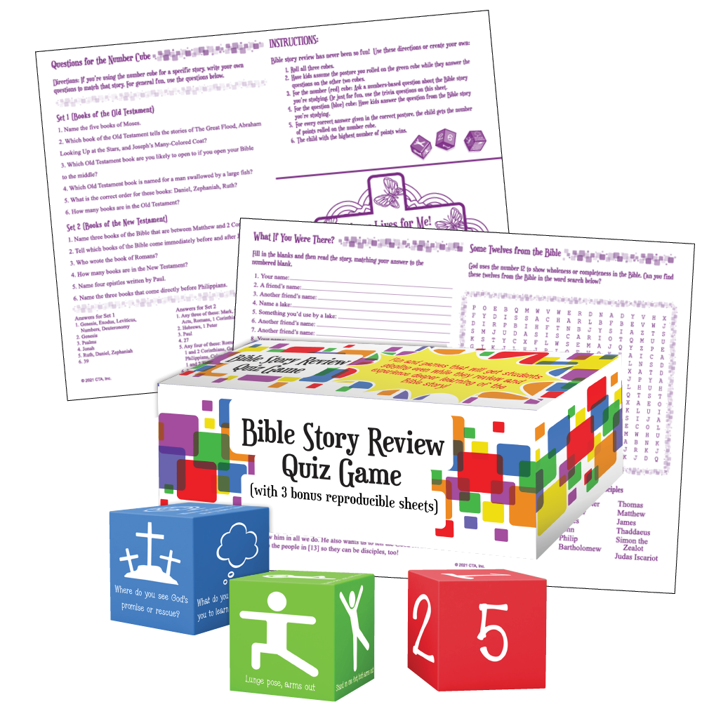 Bible Story Quiz Game with 3 foam cubes featuring questions, silly poses, and a “make your own” option—includes game suggestions and take-home ideas for active, fun Bible review.
615122-16467-9
