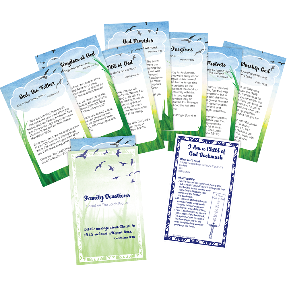 Set of 7 family devotion cards (5" x 3") with Bible readings and activity suggestions, stored in a 5¼" x 3¼" sleeve—ideal for children’s faith development and family devotion time.
615122-16466-2