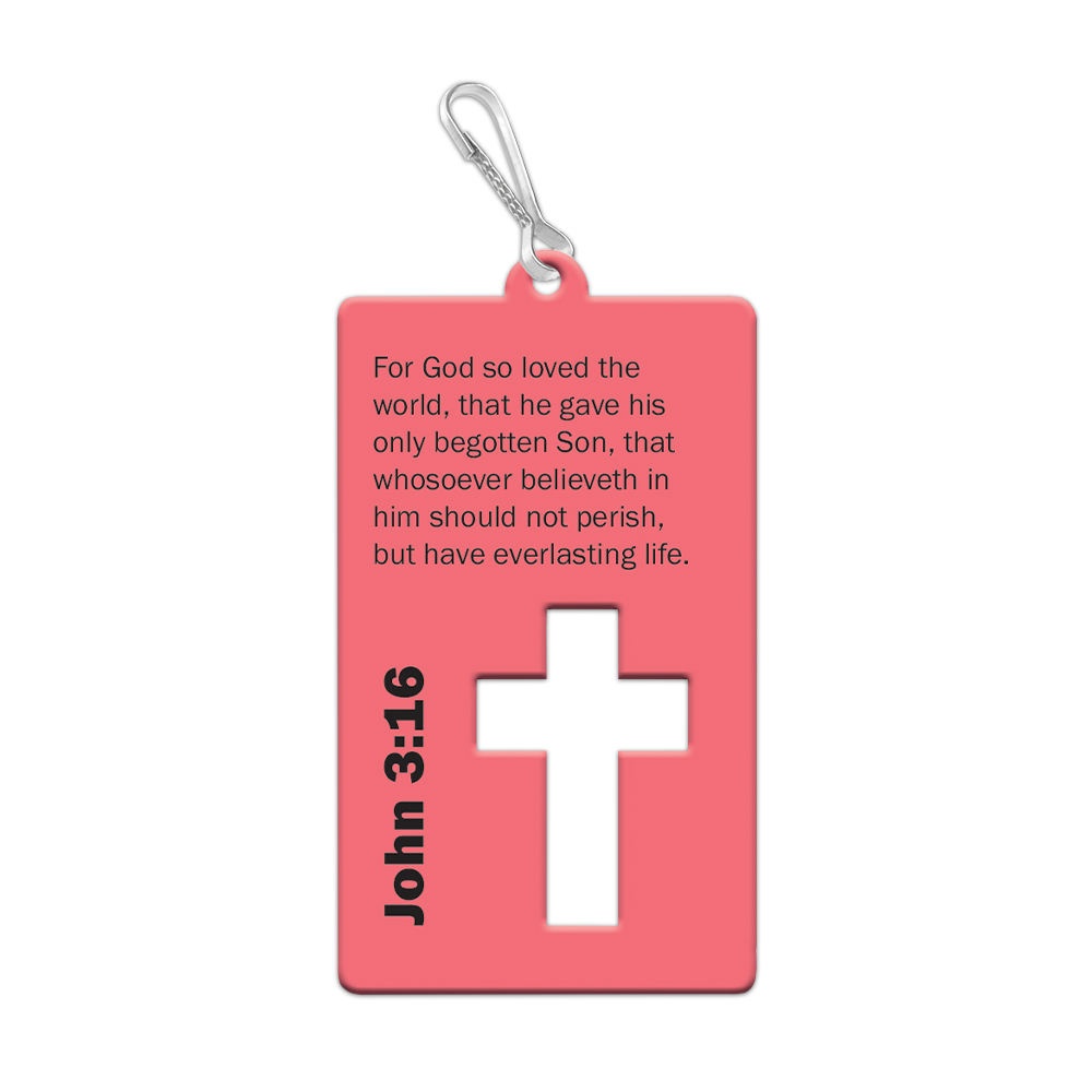 Backpack tag featuring Bible verse John 3:16