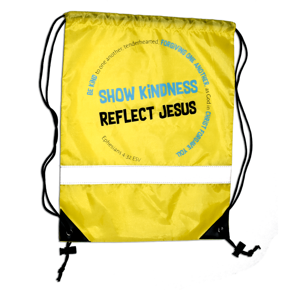 13" x 17" polyester drawstring bag with adjustable strings, reflective stripe, Bible verse, and 5 lb. capacity.
615122-16462-4