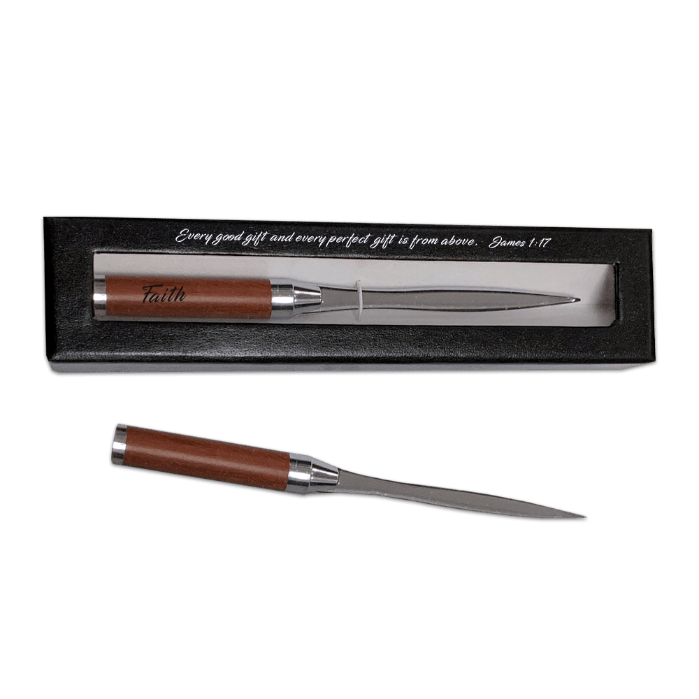 Wood handled letter opener with Faith printed on it in a lovely gift box with a Bible verse
