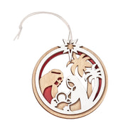 Nativity Laser cut wooden Christmas Nativity ornament featuring Mary, Joseph, and Baby Jesus beneath the Star of Bethlehem, white background by CTA Christ to All and CTA Gifts.