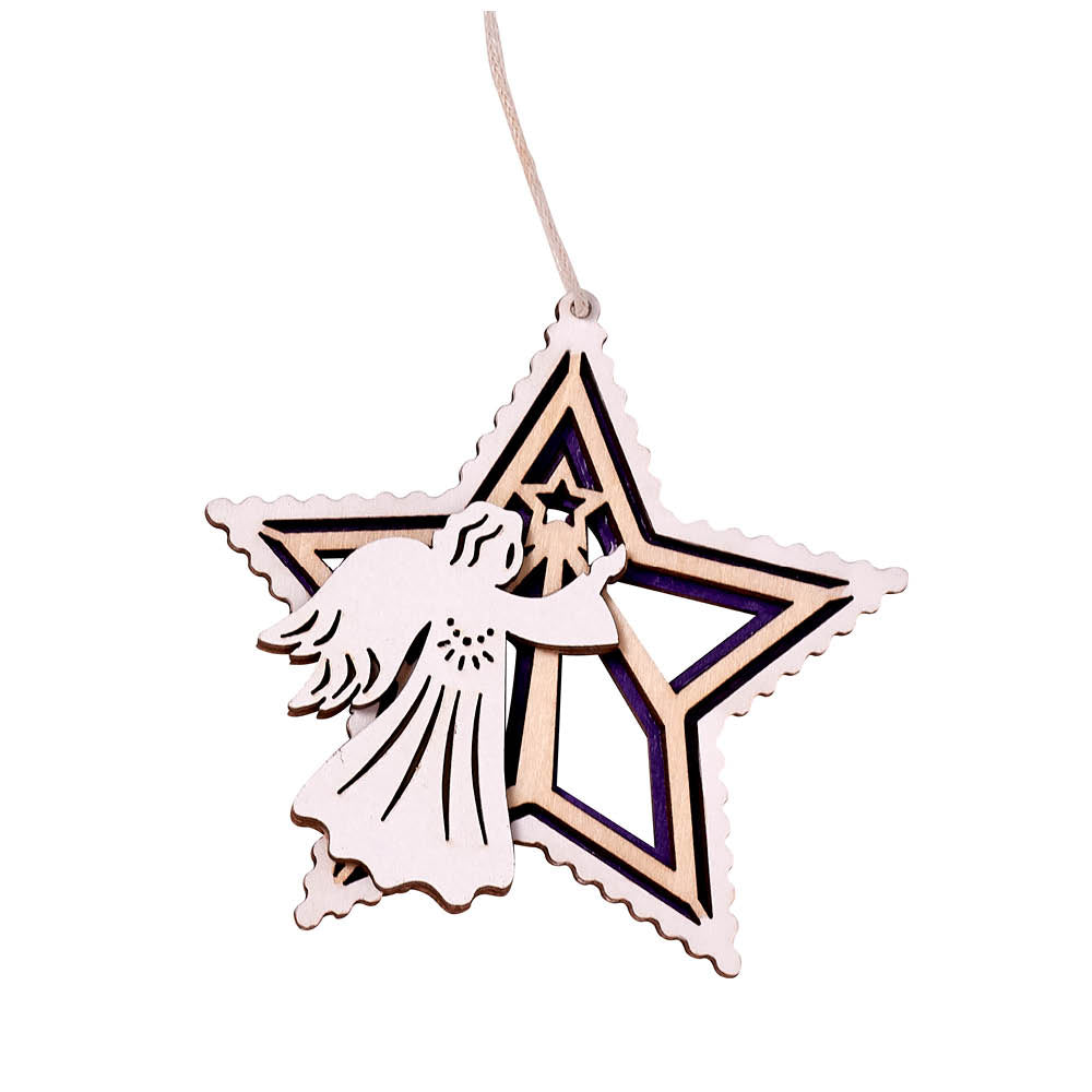 3-1/4" star-shaped laser-cut wooden ornament depicting the angel announcing Jesus’ birth. Rustic MDF design with 3" string hanger.
615122-16711-3