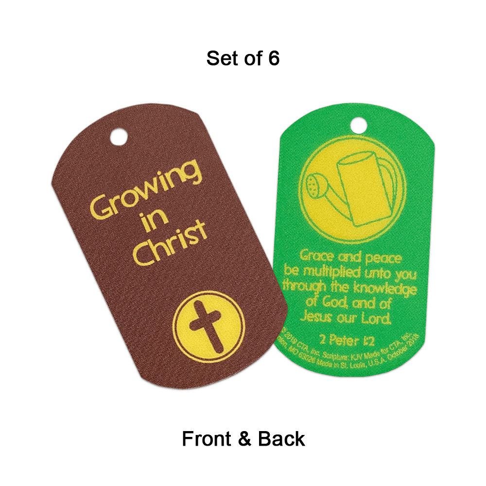 Set of 6 laminated dog tags (1" x 2") with KJV scripture, each featuring a 1/8" hole for a chain.
615122-15863-0
