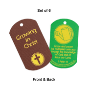 Set of 6 laminated dog tags (1" x 2") with KJV scripture, each featuring a 1/8" hole for a chain.
615122-15863-0