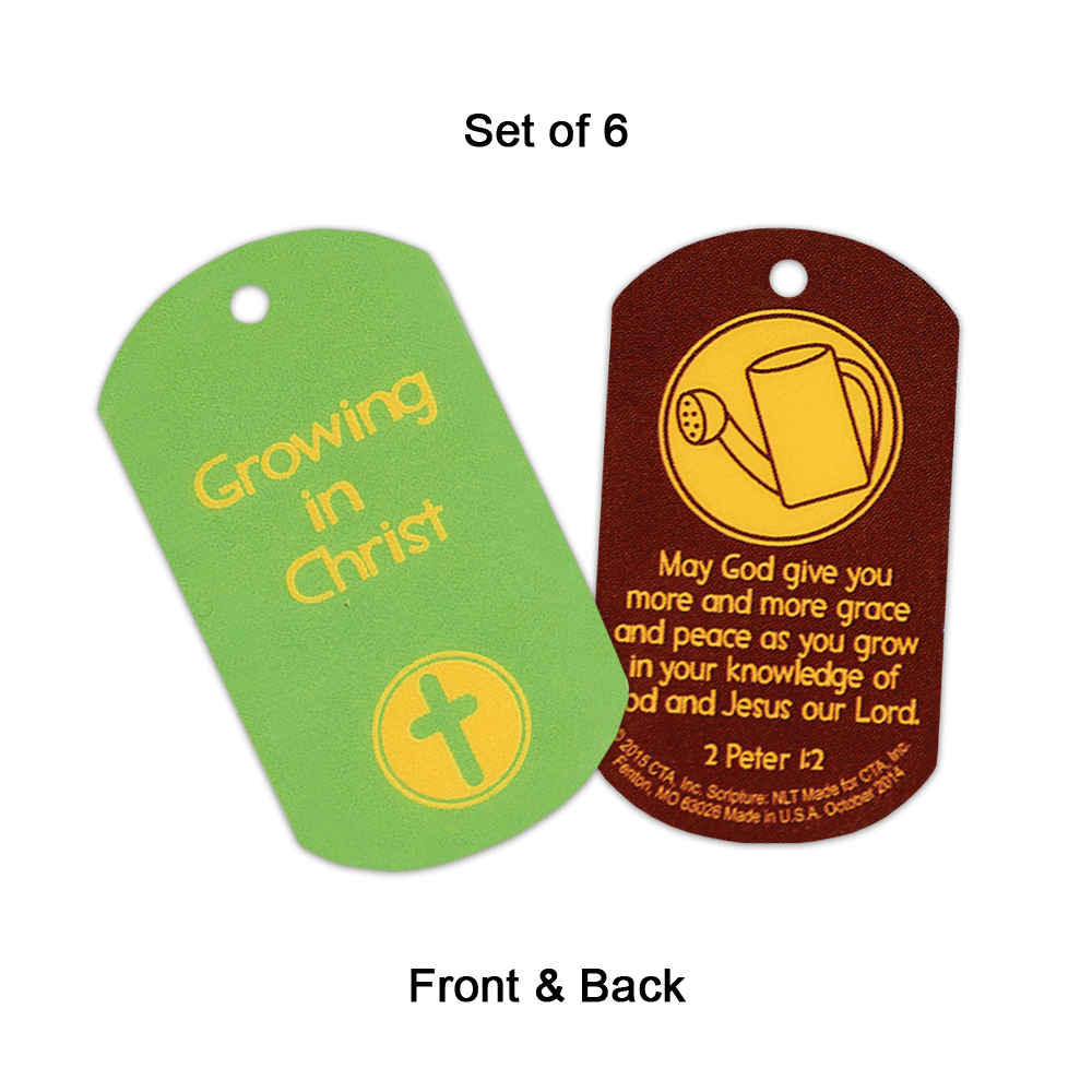Set of 6 laminated dog tags measures 1" x 2" (tag has 1/8" diam. hole for chain).
615122-13830-4
