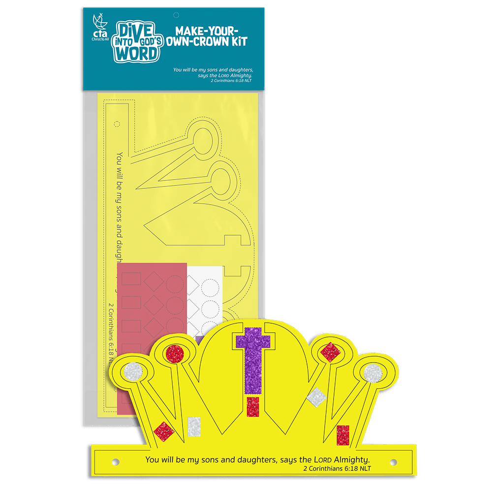 Foam crown craft kit inspired by Queen Esther, includes 36 red/white glitter jewels, 1 cross, and a 12" elastic band—fits most kids and measures 7⅛" x 3½".
615122-16261-3
