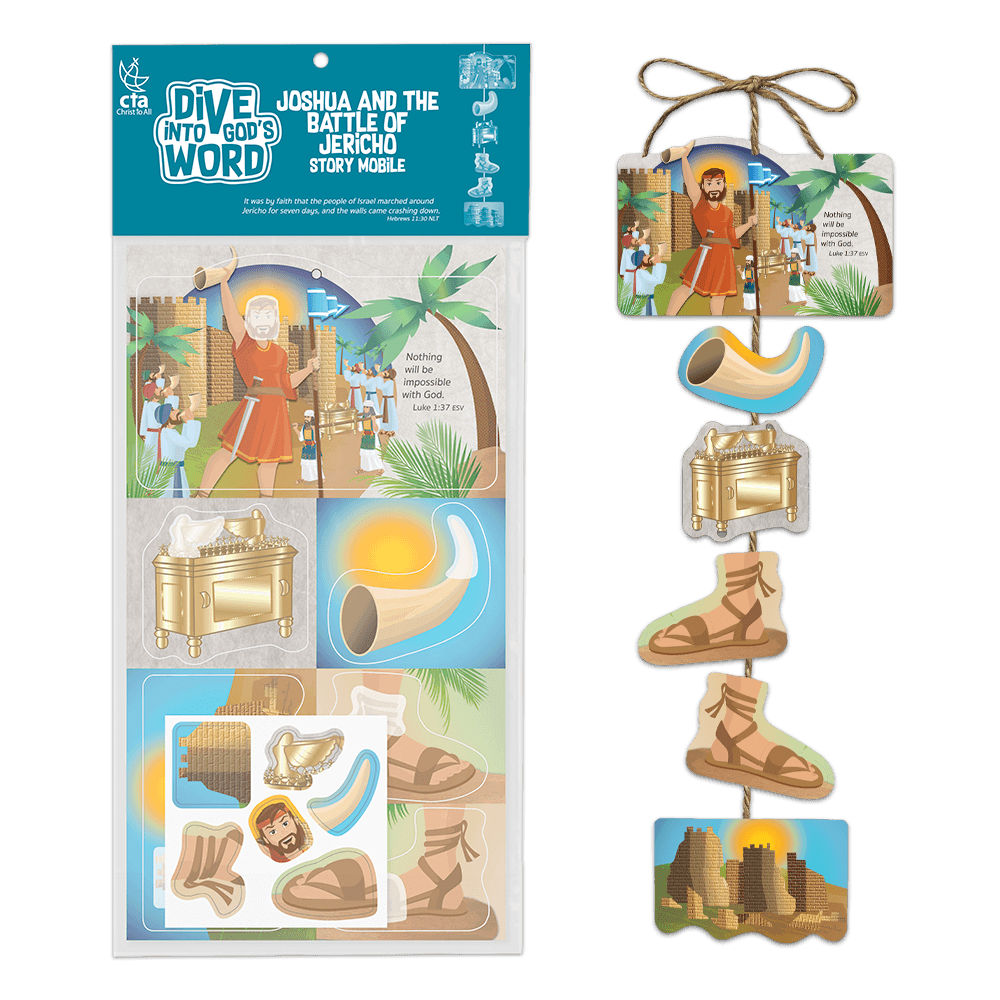 Joshua and the Walls of Jericho activity set with a 6" x 11" perforated sheet and 2¾" x 2¾" sticker sheet—kids complete the scene and Promise Stones, packaged in a header bag.
615122-16262-0
