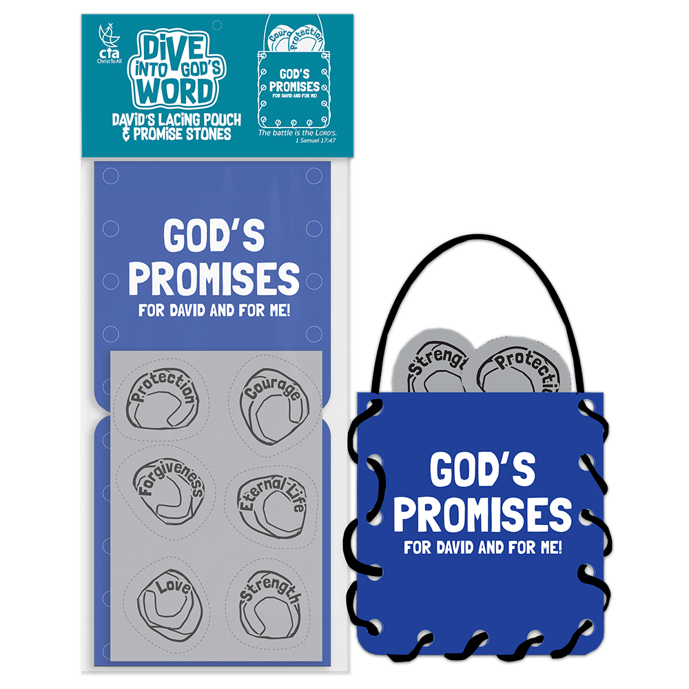 David’s Gift pouch craft (3¼" x 3½") includes 6 stones printed with David’s gifts, a 58" yarn piece, and a Bible verse—perfect for hands-on learning. 615122-16298-9