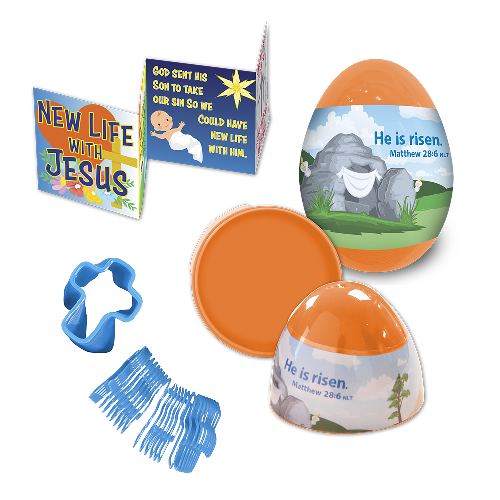 Jumbo 3" orange egg with colorful shrink wrap, containing a mini 8-page accordion booklet (2½" x 2½") and a cross-shaped colored spring inside.
615122-16800-4