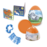 Jumbo 3" orange egg with colorful shrink wrap, containing a mini 8-page accordion booklet (2½" x 2½") and a cross-shaped colored spring inside.
615122-16800-4