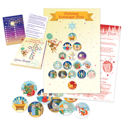 Christmas themed scavenger hunt game materials including a poster, game pieces, and game sheets.
615122-16391-7