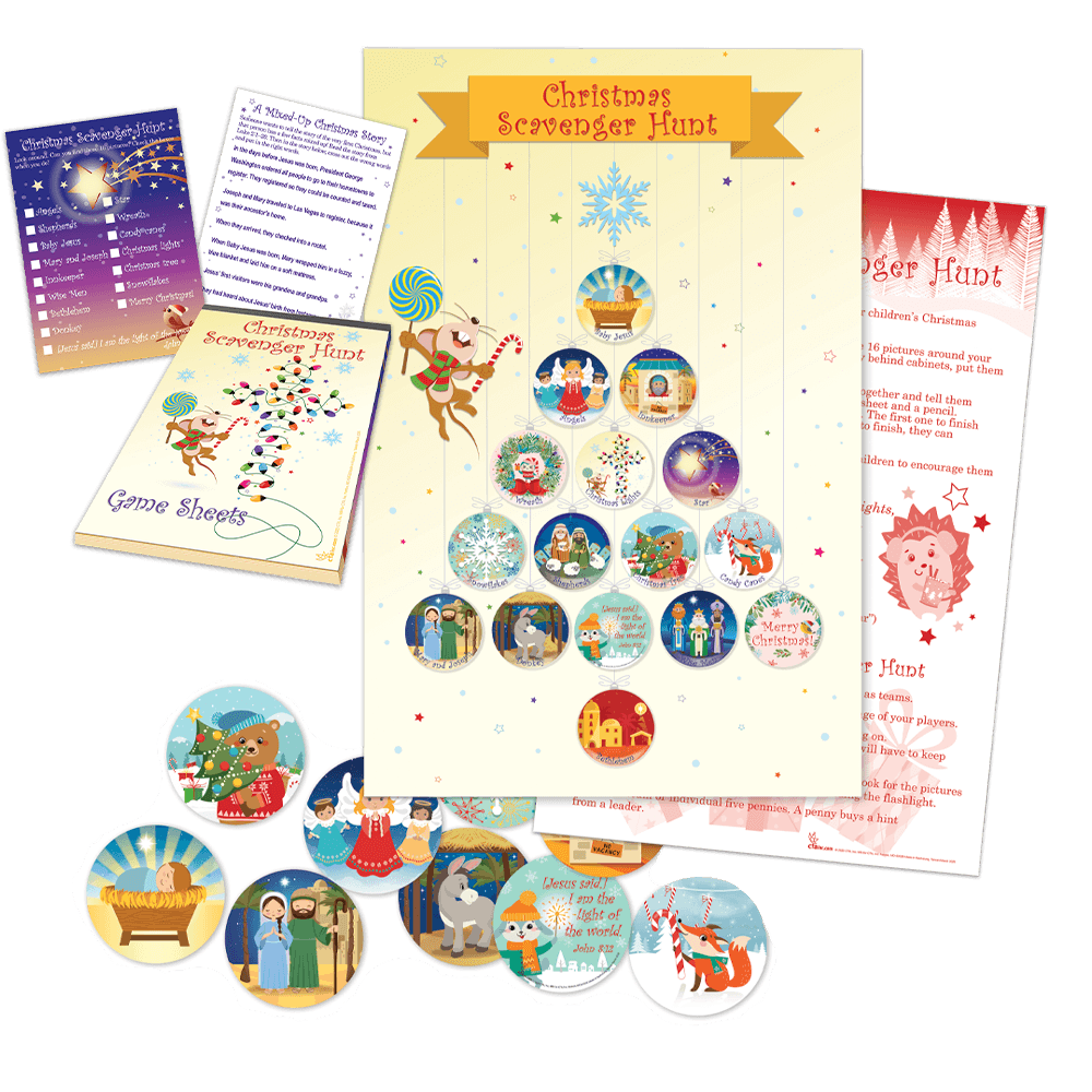 Christmas themed scavenger hunt game materials including a poster, game pieces, and game sheets.
615122-16391-7