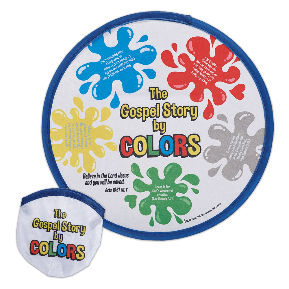 Colorful soft nylon flying disk tells the Gospel Story by Colors from CTA, Inc. Nylon flying disk measures 9-3/4" in diameter and folds to 3-3/4" x 4" to fit in the pouch.
615122-15298-0