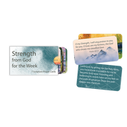 A set of scripture prayer cards with watercolor illustrations, featuring verses for strength from God, packaged in a paper sleeve.
