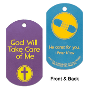 Set of 6 laminated dog tags, 1" x 2", each with a 1/8" hole for chain attachment.
615122-14834-1