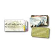 A set of scripture-prayer cards titled 'God's Wisdom for the Week' with a mountain and greenery background, including a paper sleeve packaging.