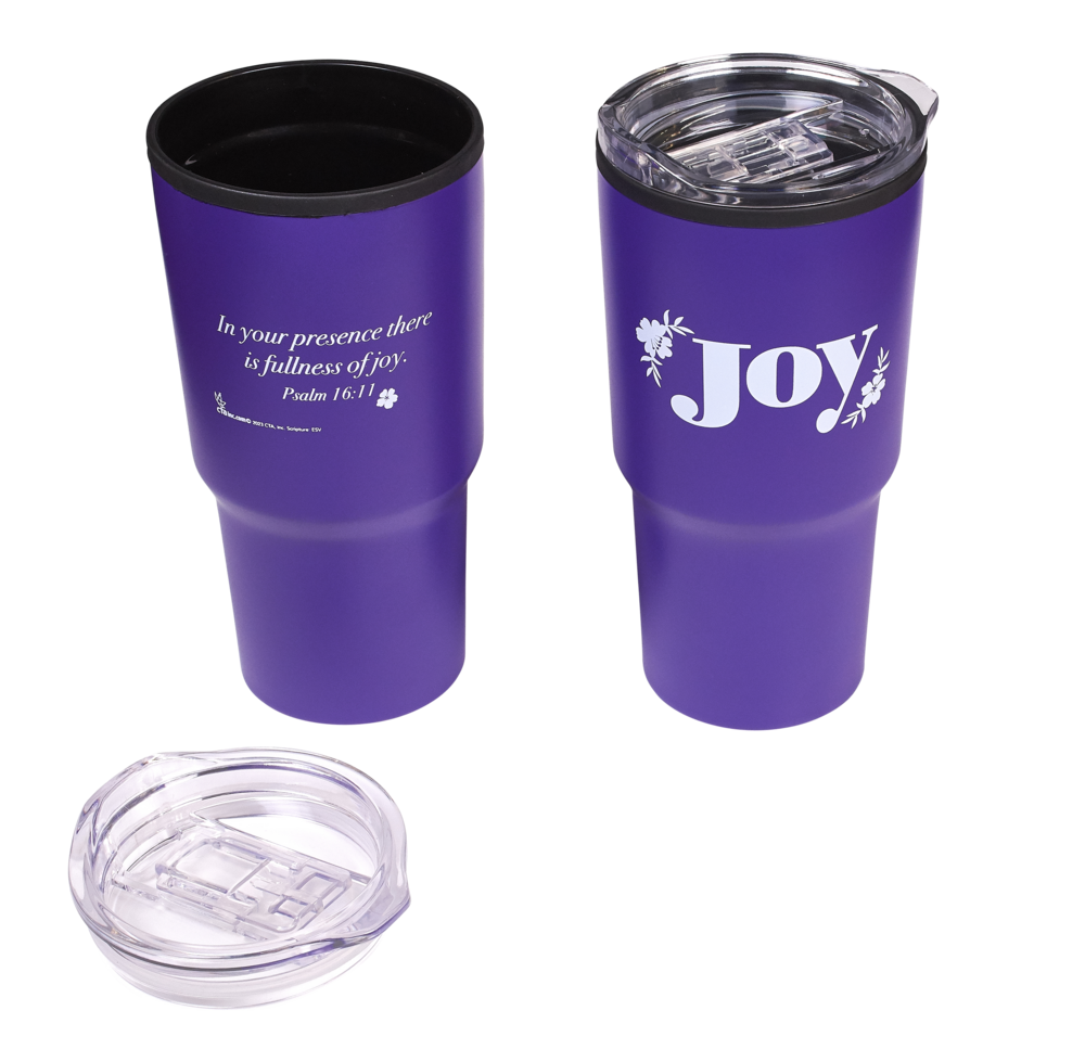 Joy in the Journey travel mug with lid includes Bible verse