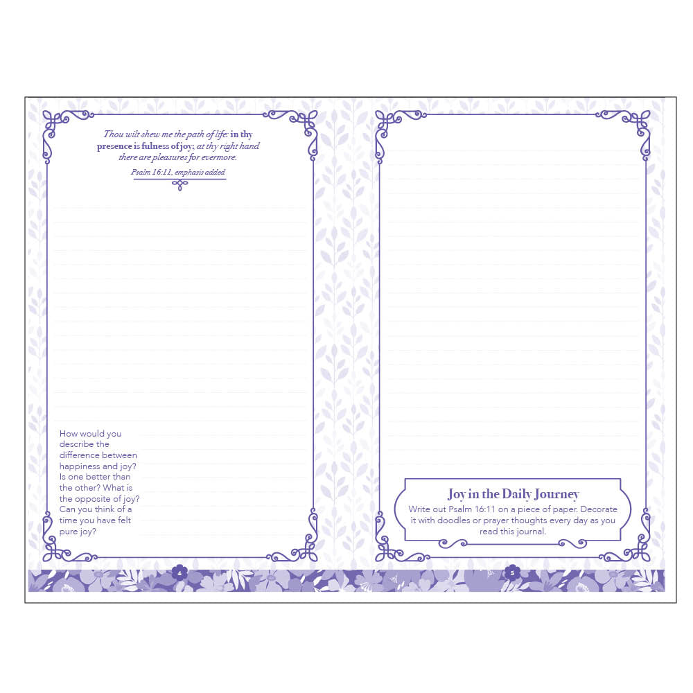 Pages from the inside of prayer journal called Joy in the Journey for Christian women's ministry