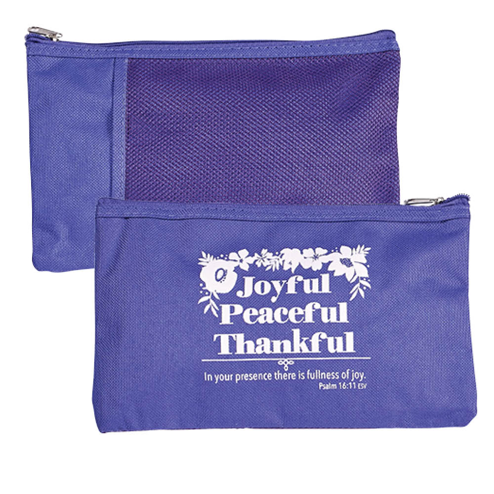 The words Joyful Peaceful Thankful are shown on a purple zippered wristlet for Christian women from CTA, Inc
