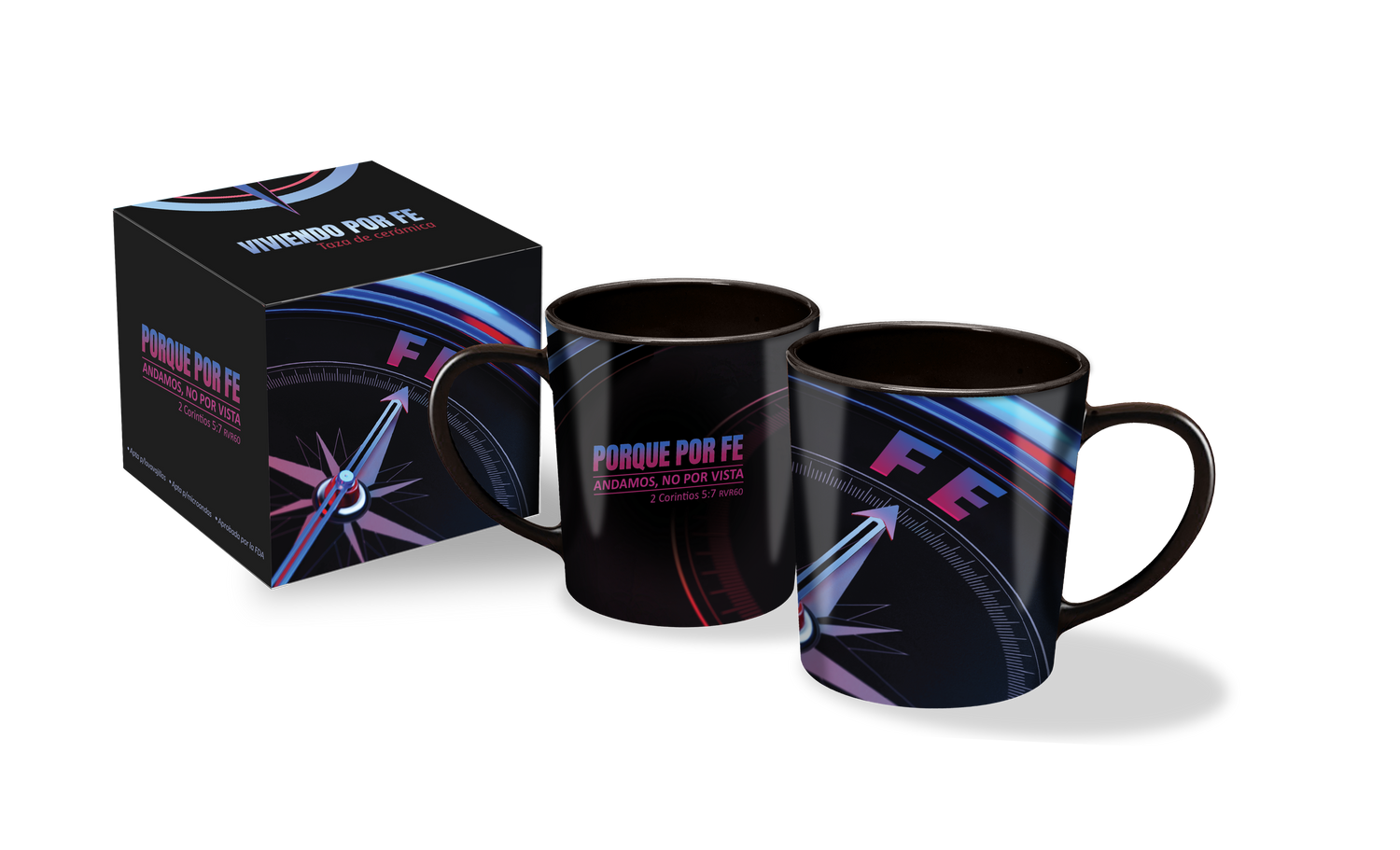 Spanish Living By Faith Mug shown front & back with matching gift box