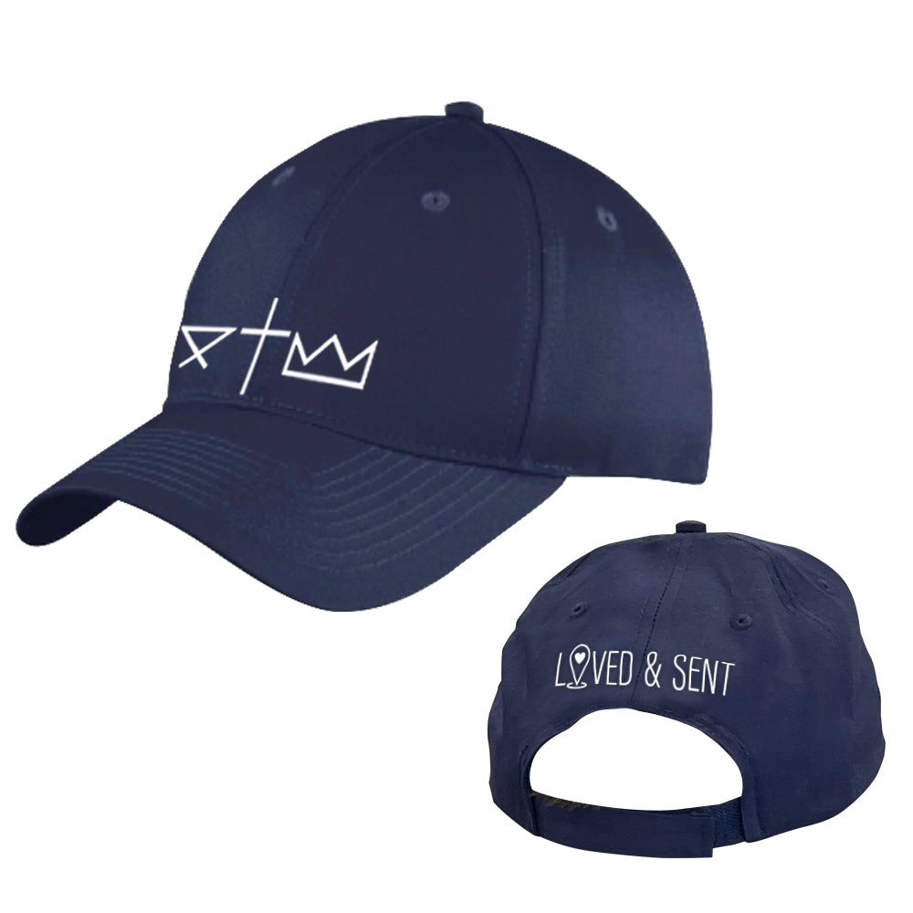 A navy blue cotton ball cap with Christian symbols and the text 'Loved & Sent' on the front and back respectively by CTA Christ to All & CTA Gifts.