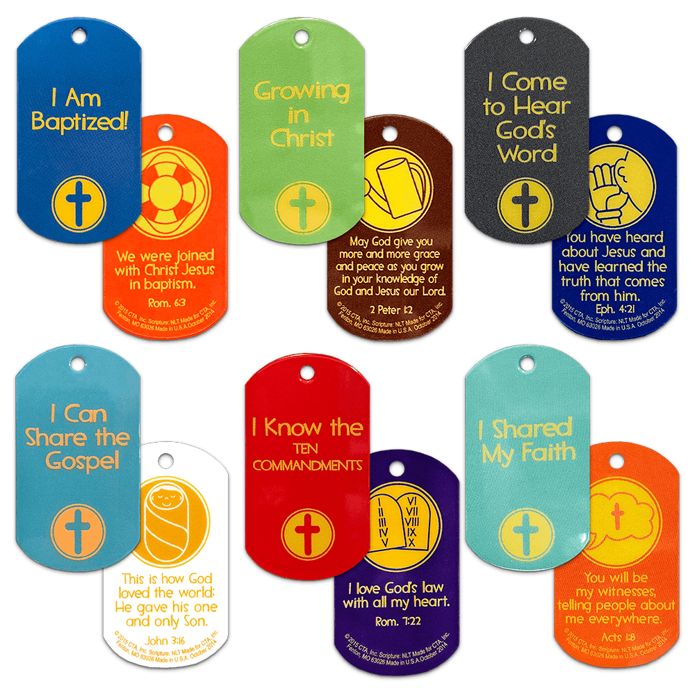 Set of 12 Growing in Faith Dog Tag set for kids, front and back