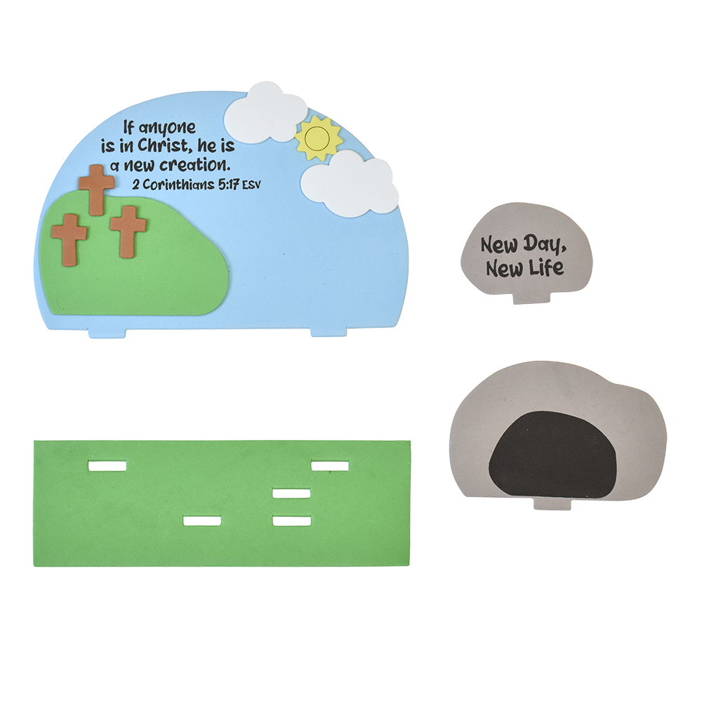 Components of the New Day New Life Foam Resurrection Craft Kit for Kids