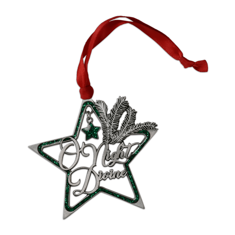 Pewter Finish Christian Christmas Ornament of Faith® - O Night Divine with ribbon