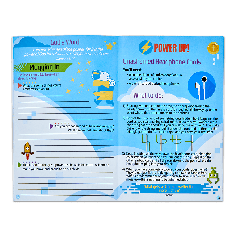Inside spread of the Power Up with Jesus Activity Journal for preteens