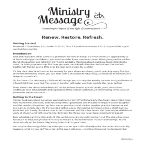 Renew. Restore. Refresh. Ministry Message