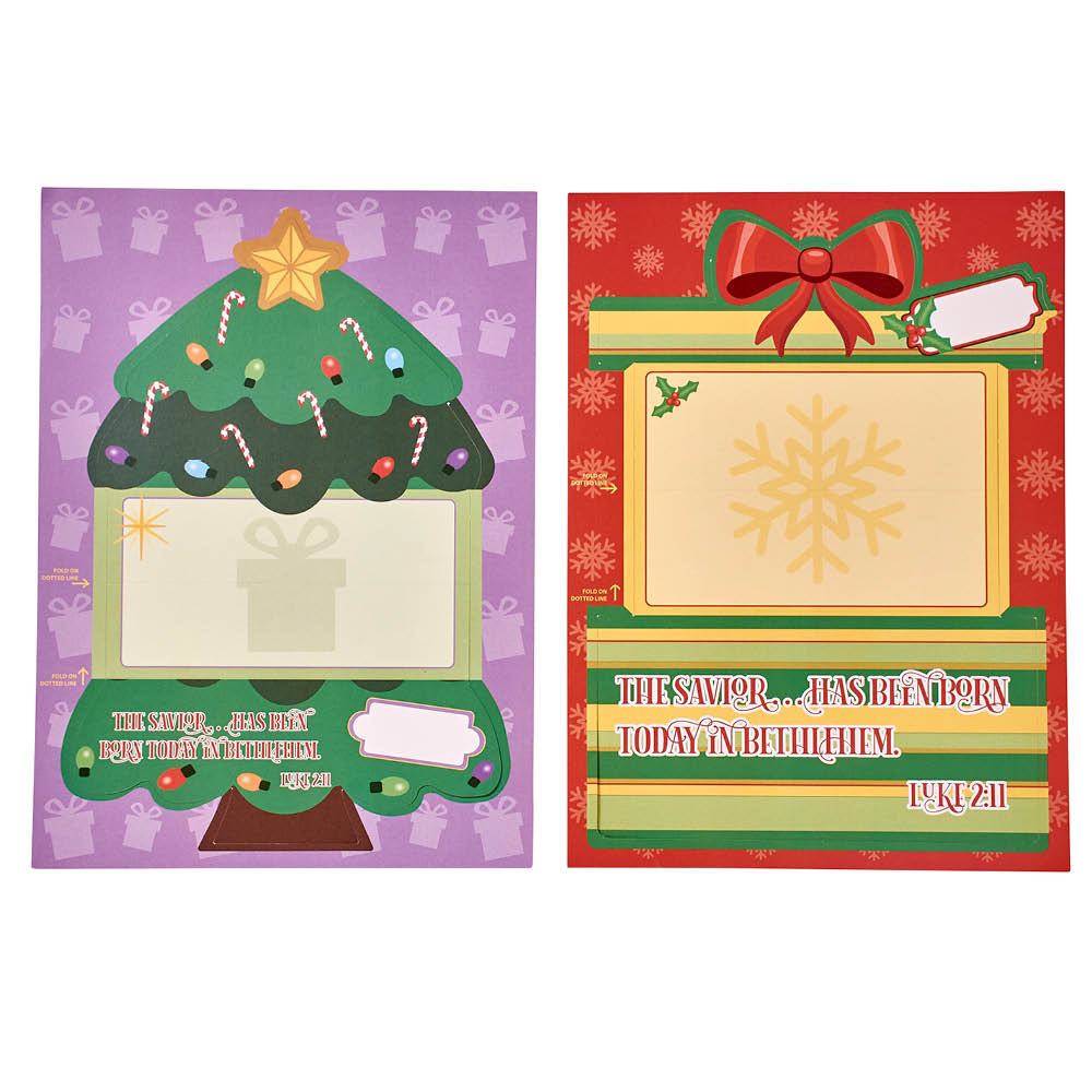 Pack of 2 shaped Christmas cards (Tree and Gift) for kids to punch, fold, and personalize—perfect for outreach, gift ministries, or sending to friends and relatives. Measures 10" x 7" open, 6" x 7" closed.
615122-16678-9