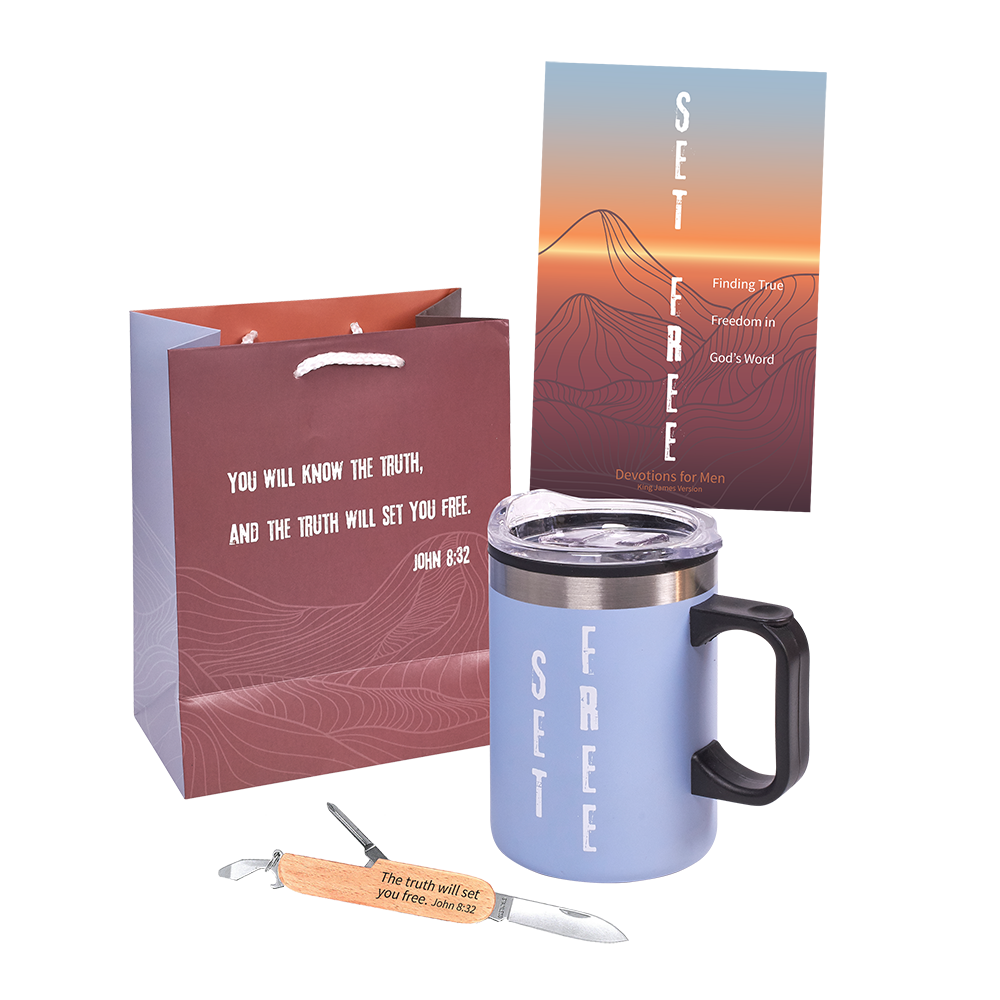 KJV Set Free Gift Set with Gift Bag & Tag, Pocket Knife, Insulated Mug and KJV Devotion Book
