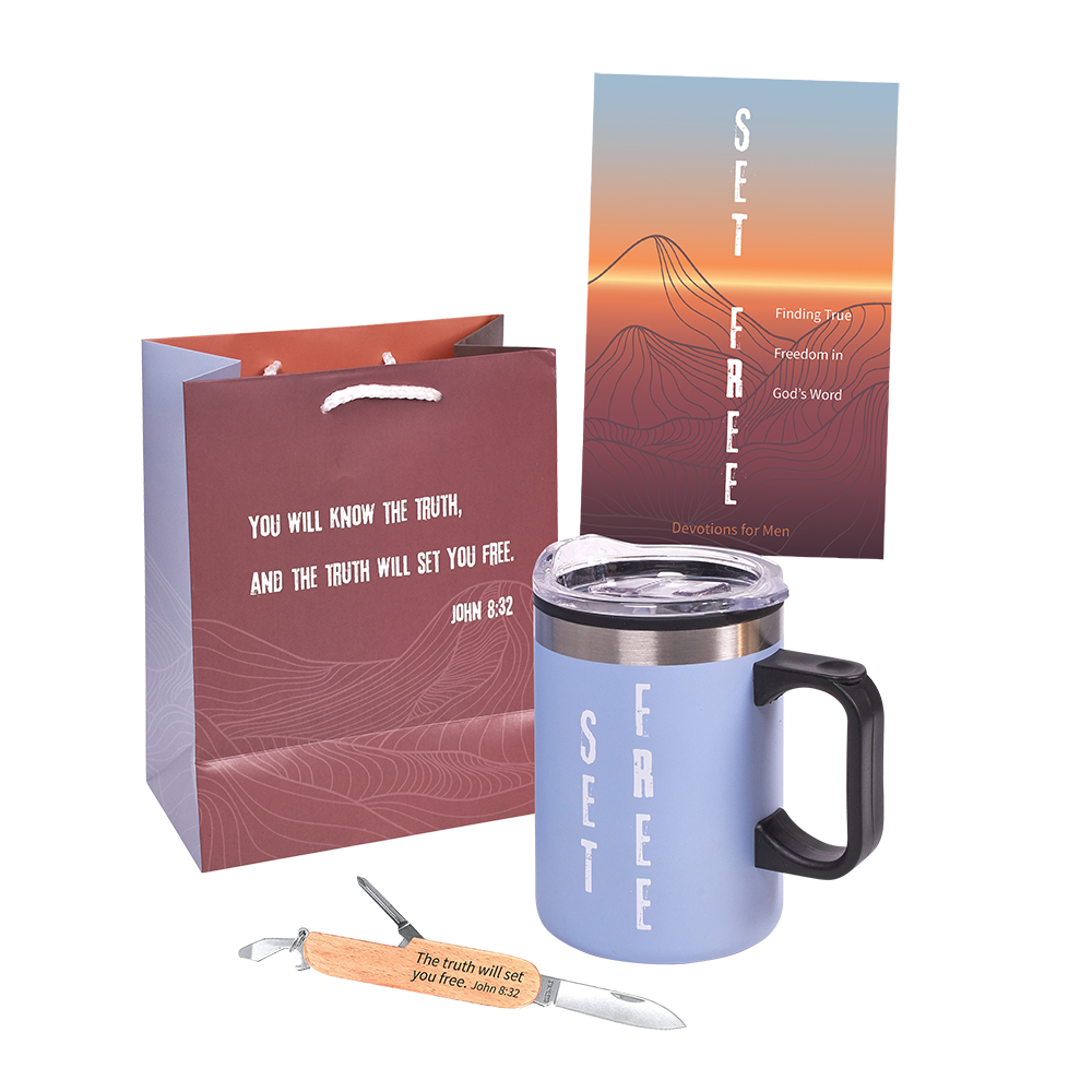 Set Free Gift Set for Men with Bible Verse with Mug, Pocket Knife, Gift Bag & Devotion Book