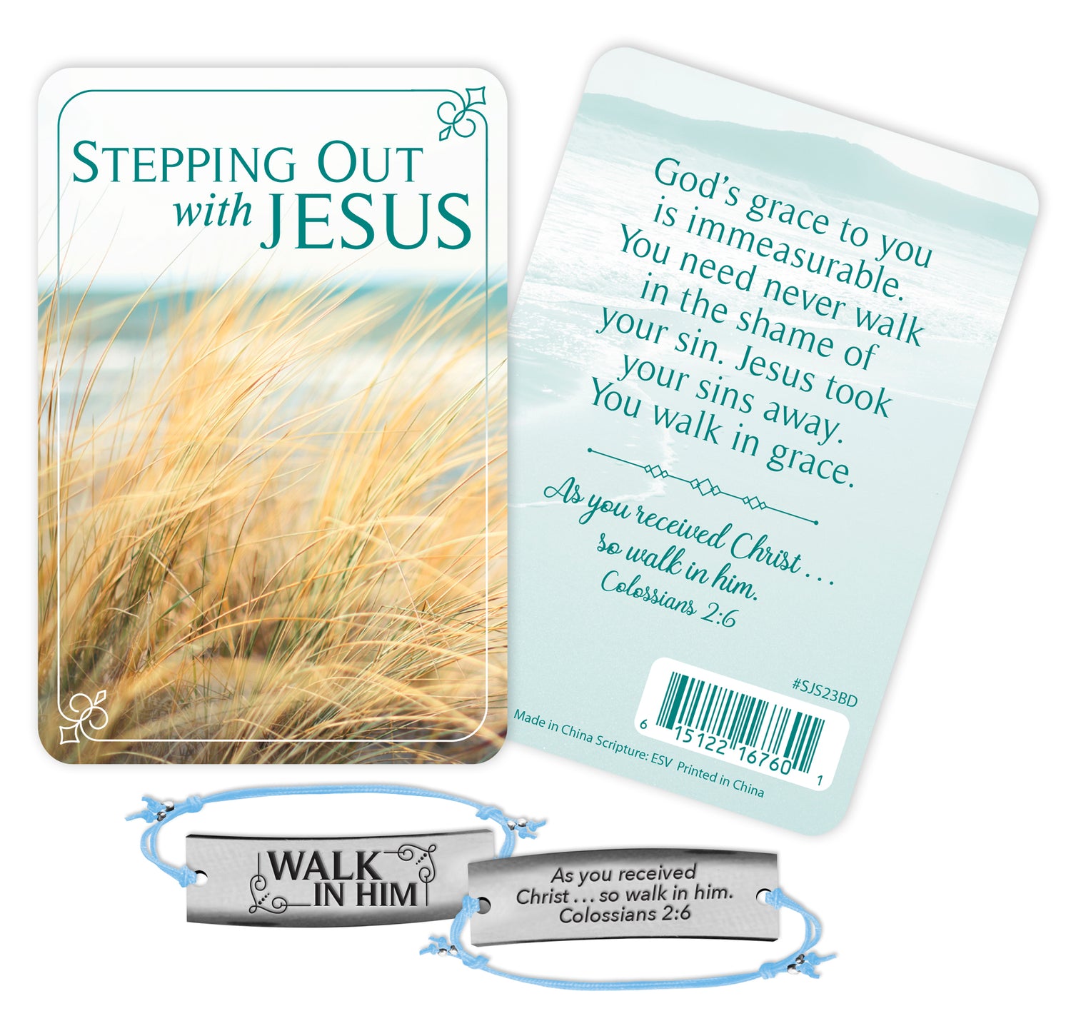 Stepping Out with Jesus bracelet and card shown front and back of each