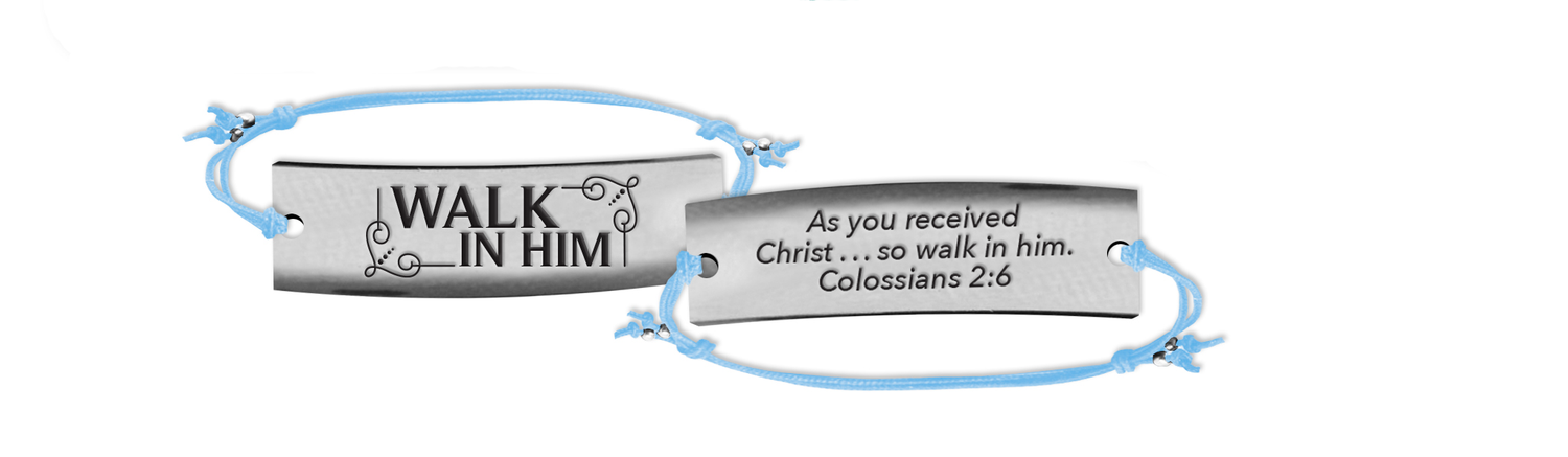 Christian adjustable bar bracelet features Walk in Him on the front and Colossians 2:6 on the back from CTA, Inc