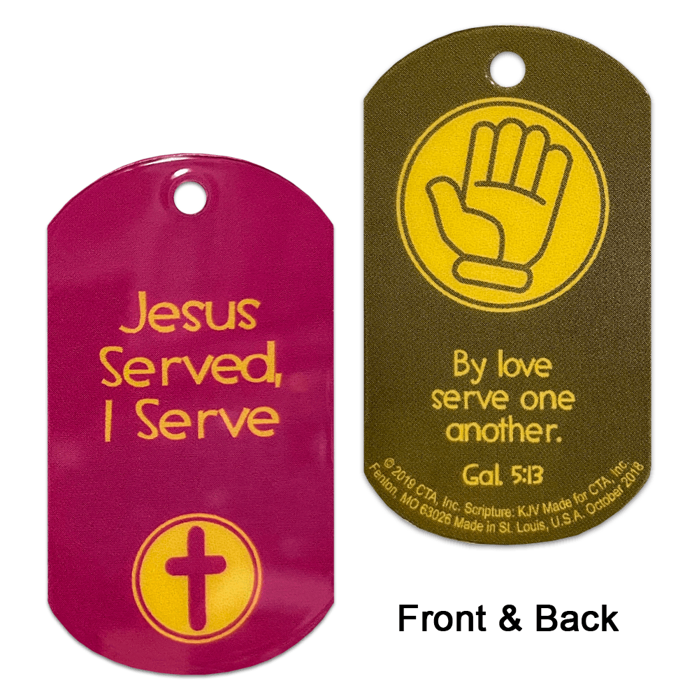 Set of 6 laminated KJV Serving Others Truth Tags, each measuring 1" x 2" with a 1/8" hole for a chain.
615122-15864-7