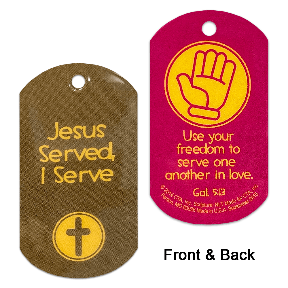 Set of 6 laminated Serving Others Truth Tags, each measuring 1" x 2" with a 1/8" hole for a chain.
615122-13693-5