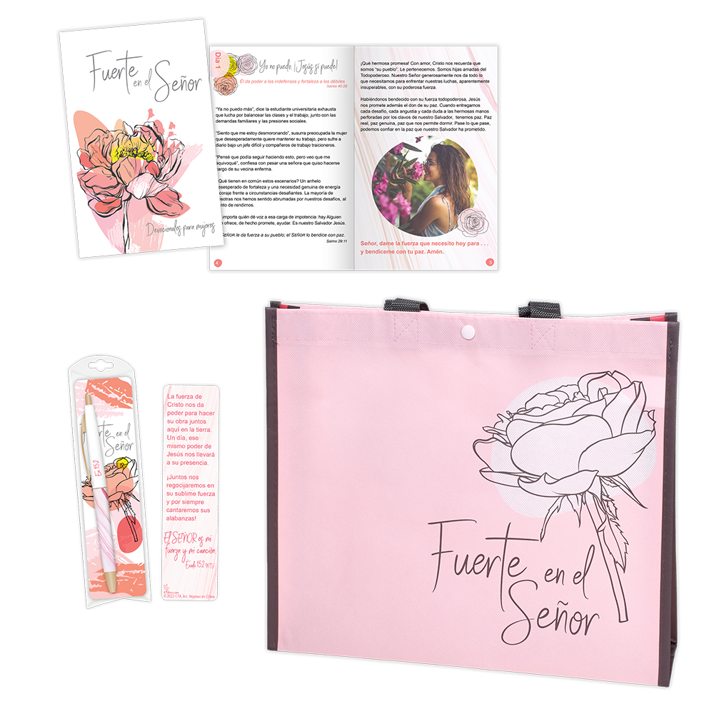 Spanish gift set for women with tote bag, pen and bookmark set, and devotional book - Strong in the Lord products