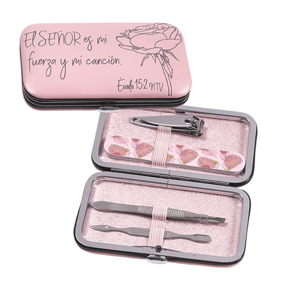 Manicure set in case with Exodus 15:2 in Spanish for Christian women