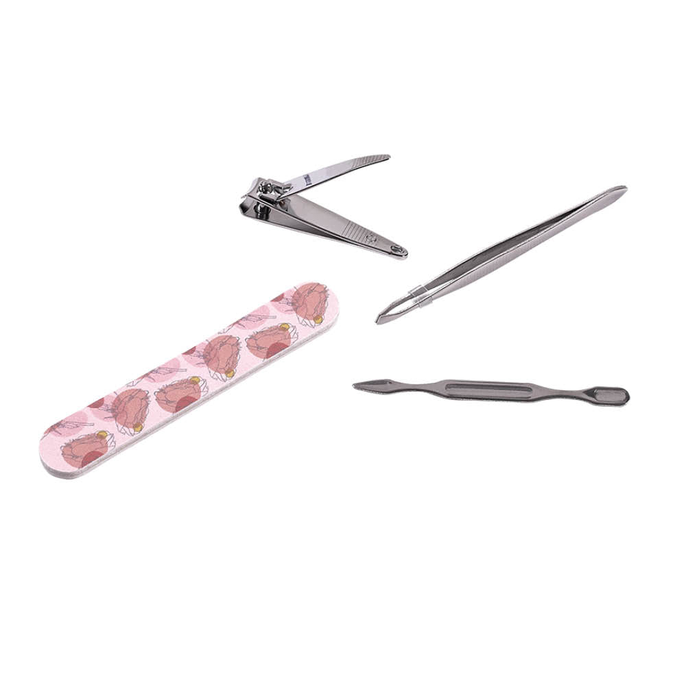 Strong in the Lord manicure set tools: emery board, nail clipper, tweezers, cuticle pusher 