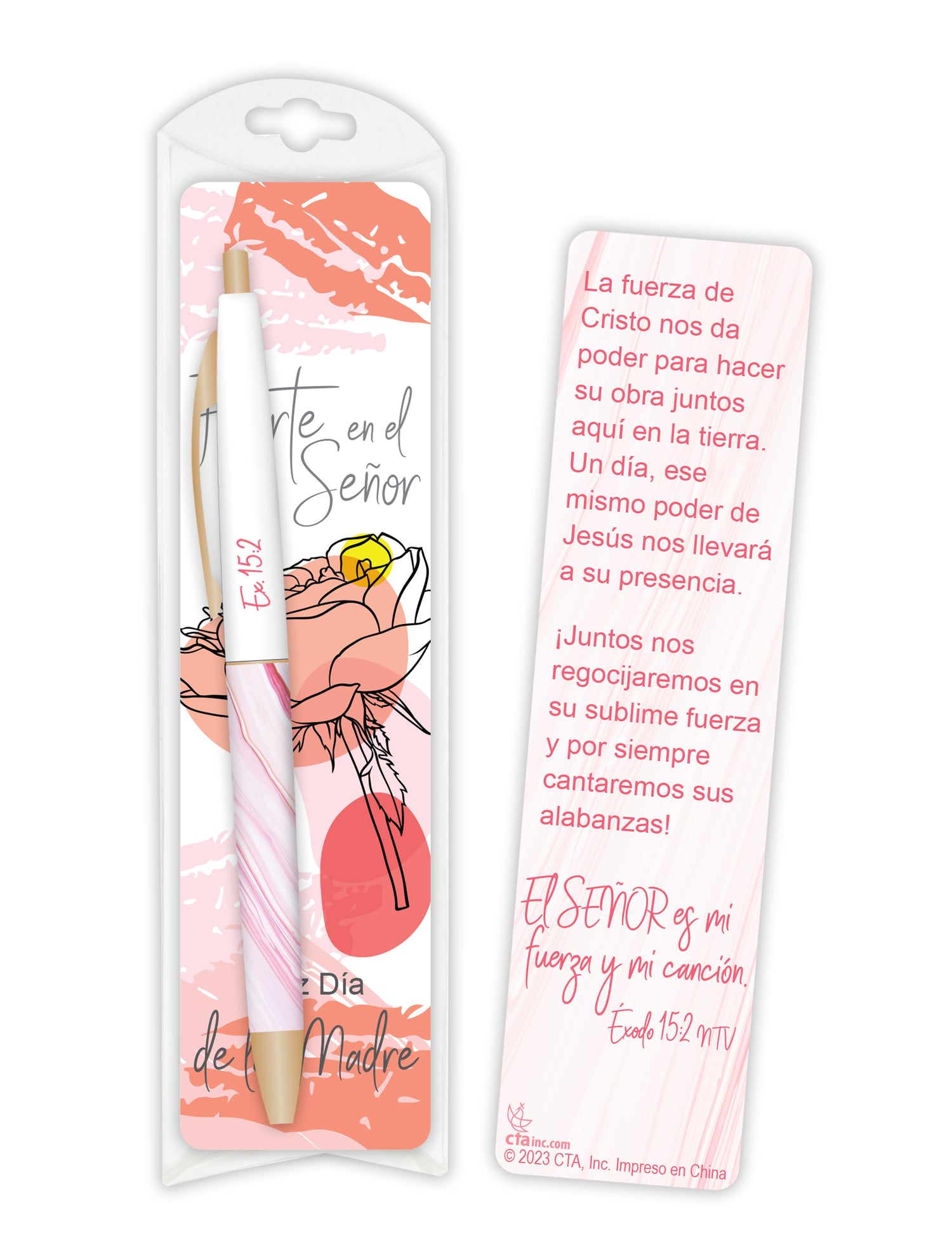 Spanish bookmark and pen set for Mother's Day - Strong in the Lord