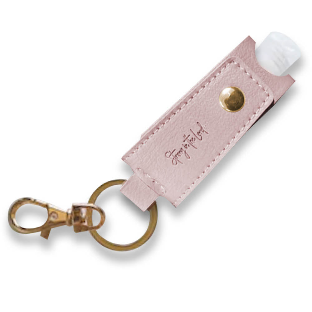 Pink Strong in the Lord keychain with hand sanitizer holder attached