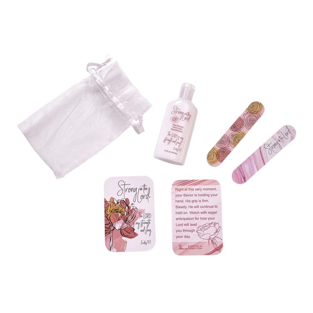 Strong in the Lord gift set for Christian women includes emery board, lotion, pocket card in organza bag